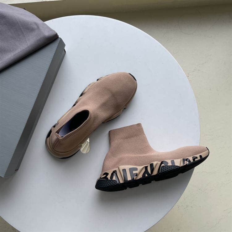 BALENCIAGA SPEED RECYCLED KNIT GRAFFITI SNEAKER IN BEIGE - BLA050