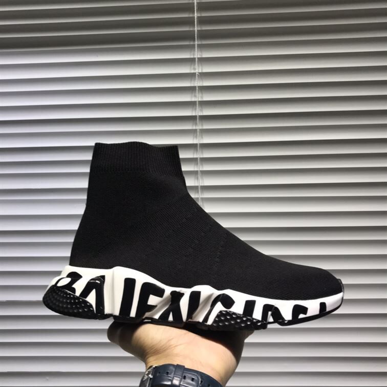 BALENCIAGA SPEED RECYCLED KNIT GRAFFITI SNEAKER IN BLACK/WHITE - BLA051