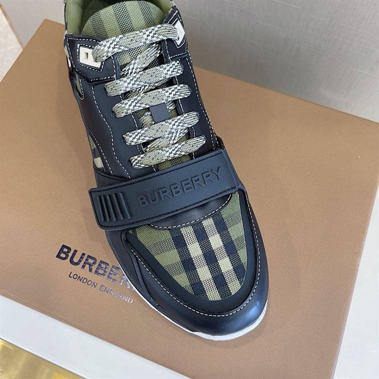 BURBERRY CHECK LACE-UP SNEAKERS IN MILITARY GREEN - BBR008