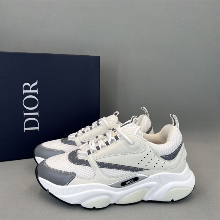 DIOR B22 SNEAKERS WHITE TECHNICAL MESH WITH WHITE AND SILVER-TONE CALFSKIN - DO002