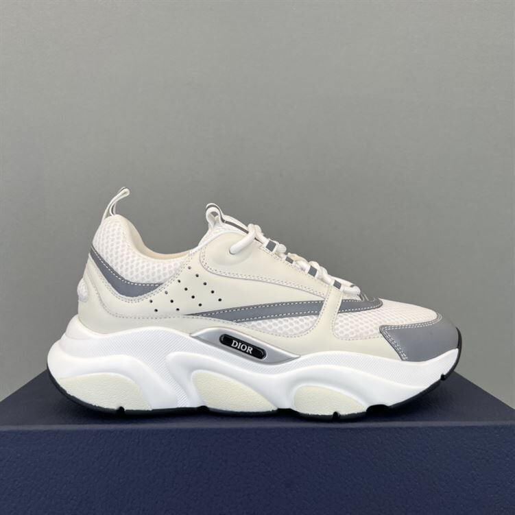 DIOR B22 SNEAKERS WHITE TECHNICAL MESH WITH WHITE AND SILVER-TONE CALFSKIN - DO002