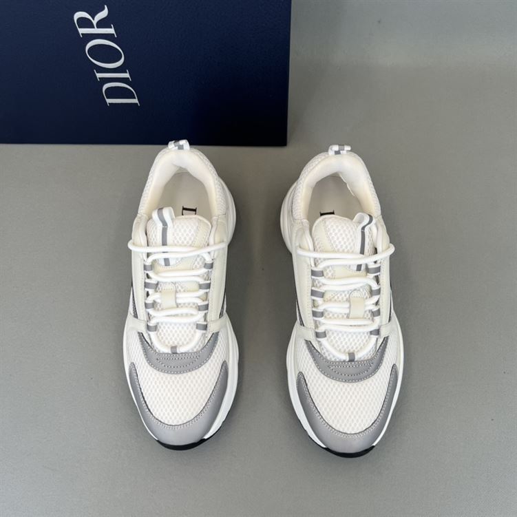 DIOR B22 SNEAKERS WHITE TECHNICAL MESH WITH WHITE AND SILVER-TONE CALFSKIN - DO002