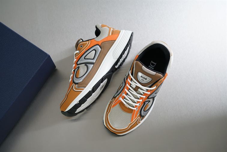 DIOR B30 SNEAKER CREAM MESH WITH ORANGE AND BROWN TECHNICAL FABRIC - DO072