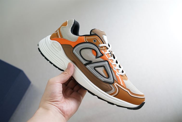 DIOR B30 SNEAKER CREAM MESH WITH ORANGE AND BROWN TECHNICAL FABRIC - DO072