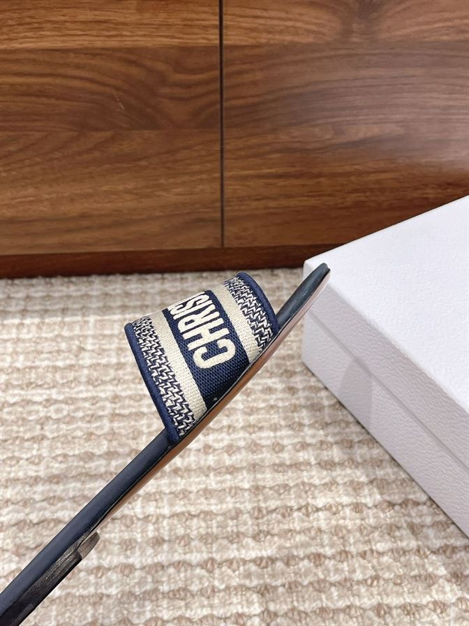 DIOR DWAY SLIDE DEEP BLUE EMBROIDERED COTTON - DS020