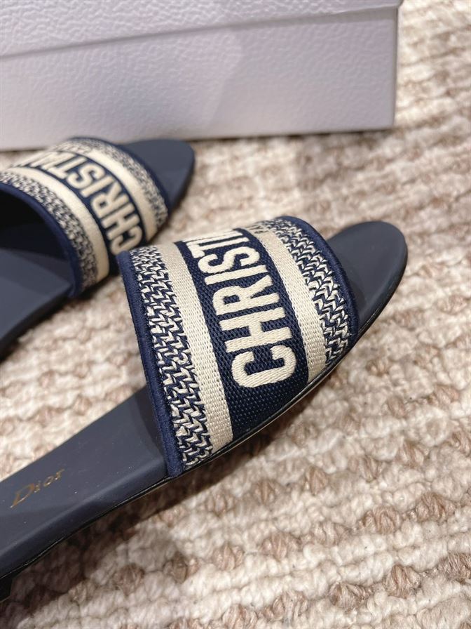 DIOR DWAY SLIDE DEEP BLUE EMBROIDERED COTTON - DS020