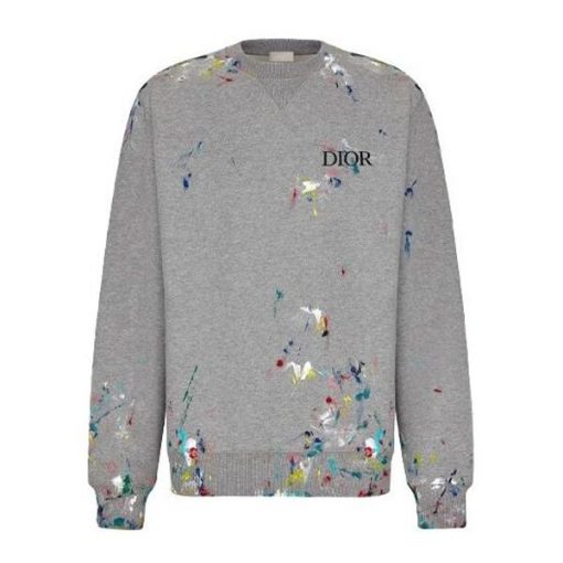DIOR OVERSIZED SWEATSHIRT WHITE COTTON FLEECE WITH PAINT PRINT - DOS014