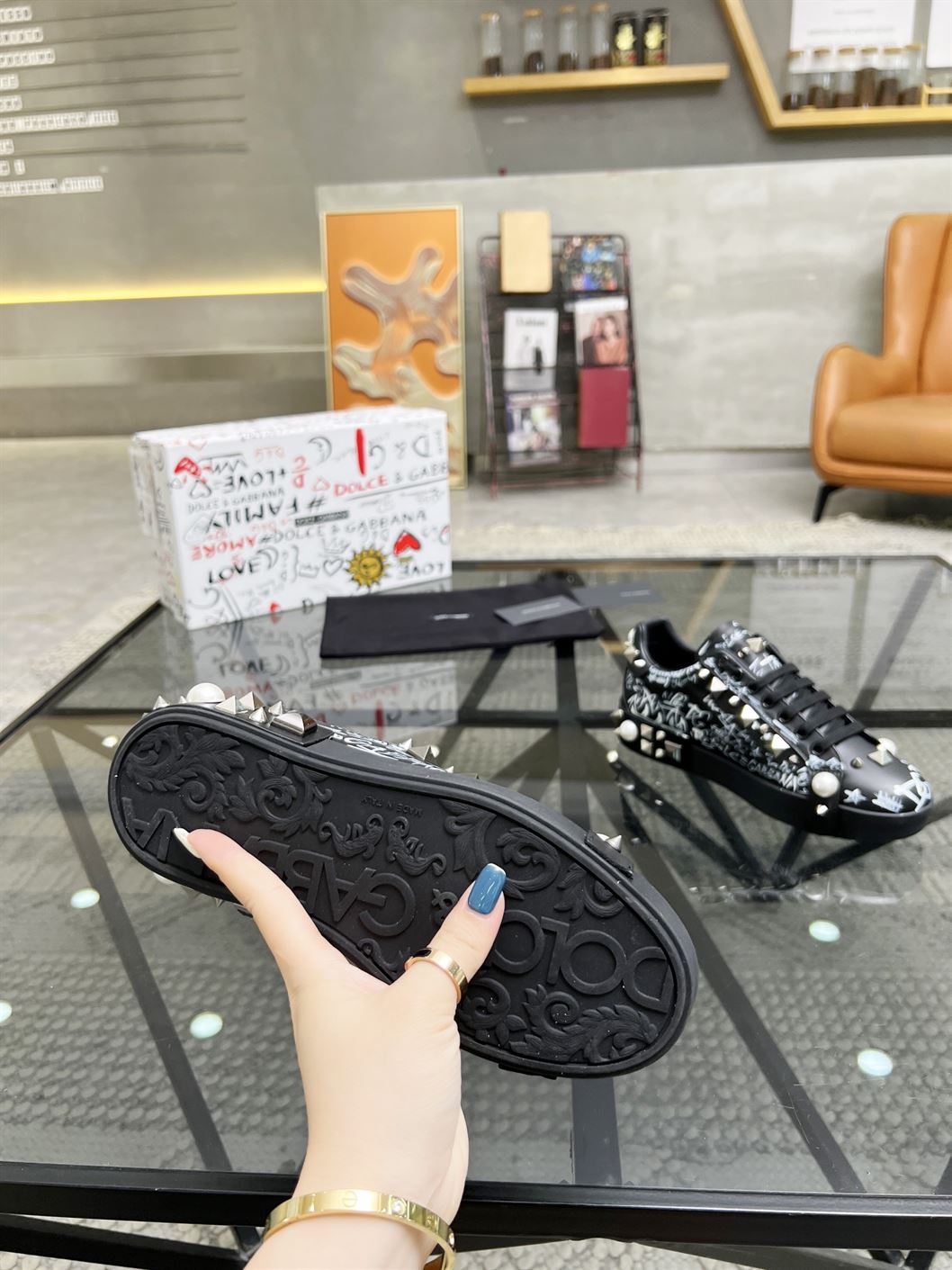 DOLCE & GABBANA CALFSKIN NAPPA PORTOFINO SNEAKERS WITH STUDS – DG018