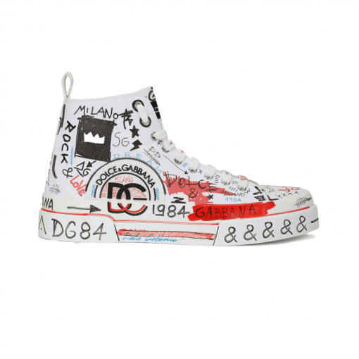 DOLCE & GABBANA HAND-PAINTED GRAFFITI CANVAS PORTOFINO LIGHT MID-TOP SNEAKERS – DG004