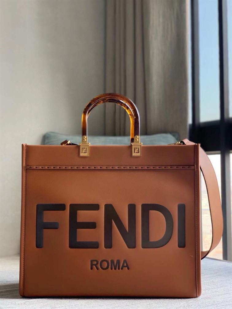 FENDI SUNSHINE MEDIUM BROWN LEATHER SHOPPER