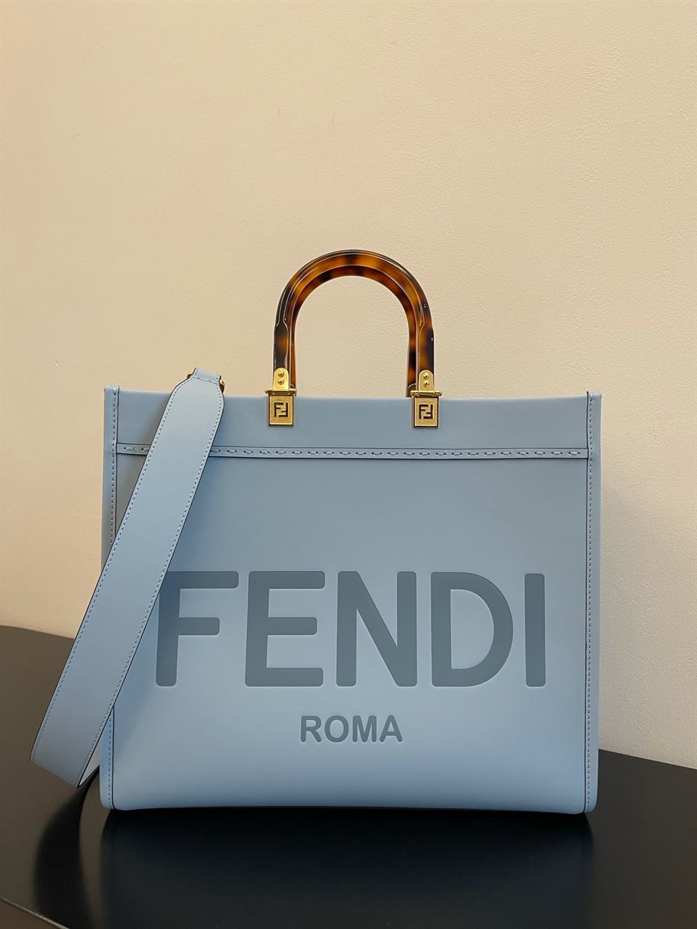 FENDI SUNSHINE MEDIUM LIGHT BLUE LEATHER SHOPPER