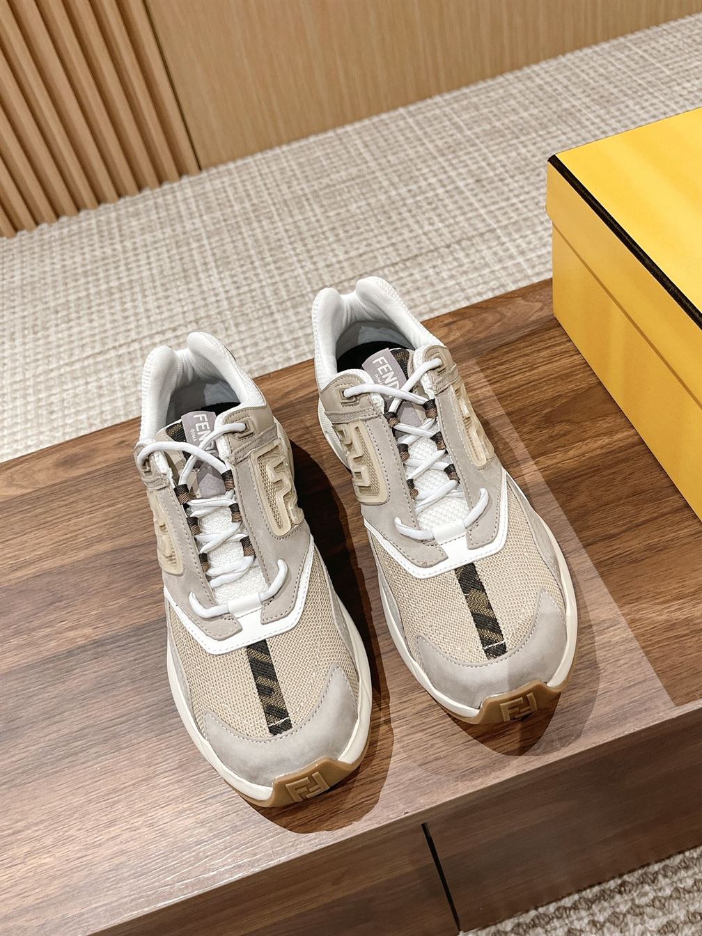 FENDY FASTER TRAINERS BEIGE NUBUCK LEATHER LOW TOPS - FDS020