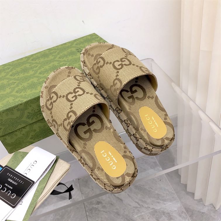 GUCCI ANGELINA LOGO-JACQUARD COATED-CANVAS PLATFORM SLIDES - GSL023