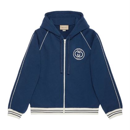GUCCI BLUE COTTON JERSEY LOGO ZIPPED HOODIE - GCJ036