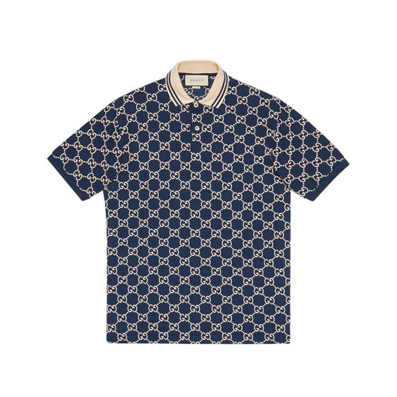 GUCCI DARK BLUE COTTON PIQUET GG STRETCH POLO - GGS013