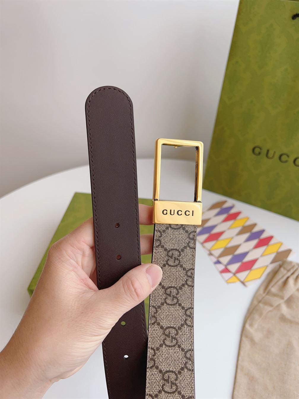 GUCCI GG BELT WITH RECTANGULAR BUCKLE - GB045