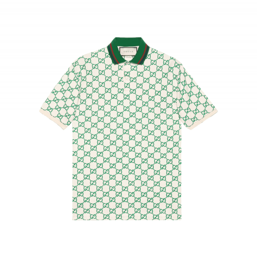 GUCCI GG STRETCH COTTON POLO IN OFF-WHITE AND GREEN - GGS007