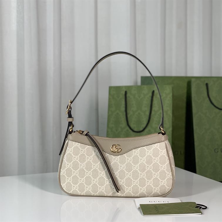 GUCCI OPHIDIA SMALL HANDBAG BEIGE AND WHITE GG SUPREME CANVAS