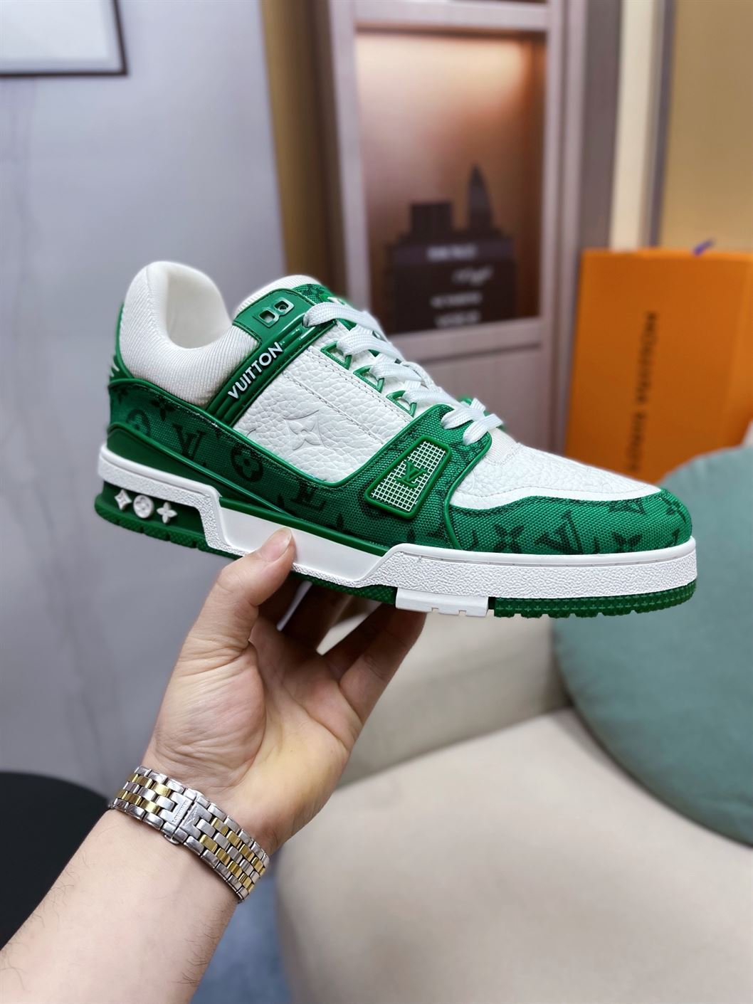 LOUIS VUITTON TRAINER MONOGRAM DENIM WHITE GREEN - LVS001