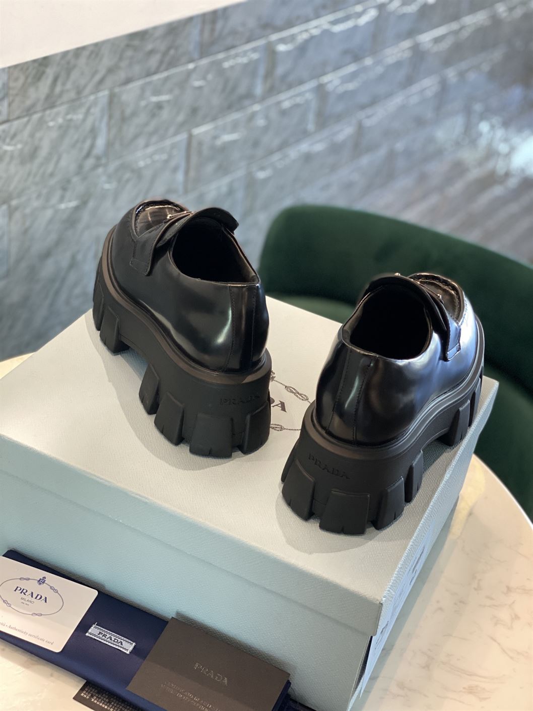 PRADA MONOLITH BRUSHED LEATHER LOAFERS - PRS034