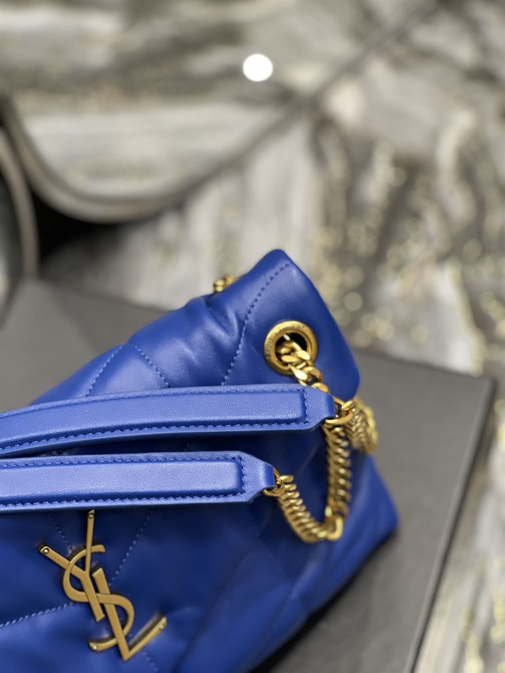 YSL SMALL PUFFER IN QUILTED NAPPA BLUE LEATHER