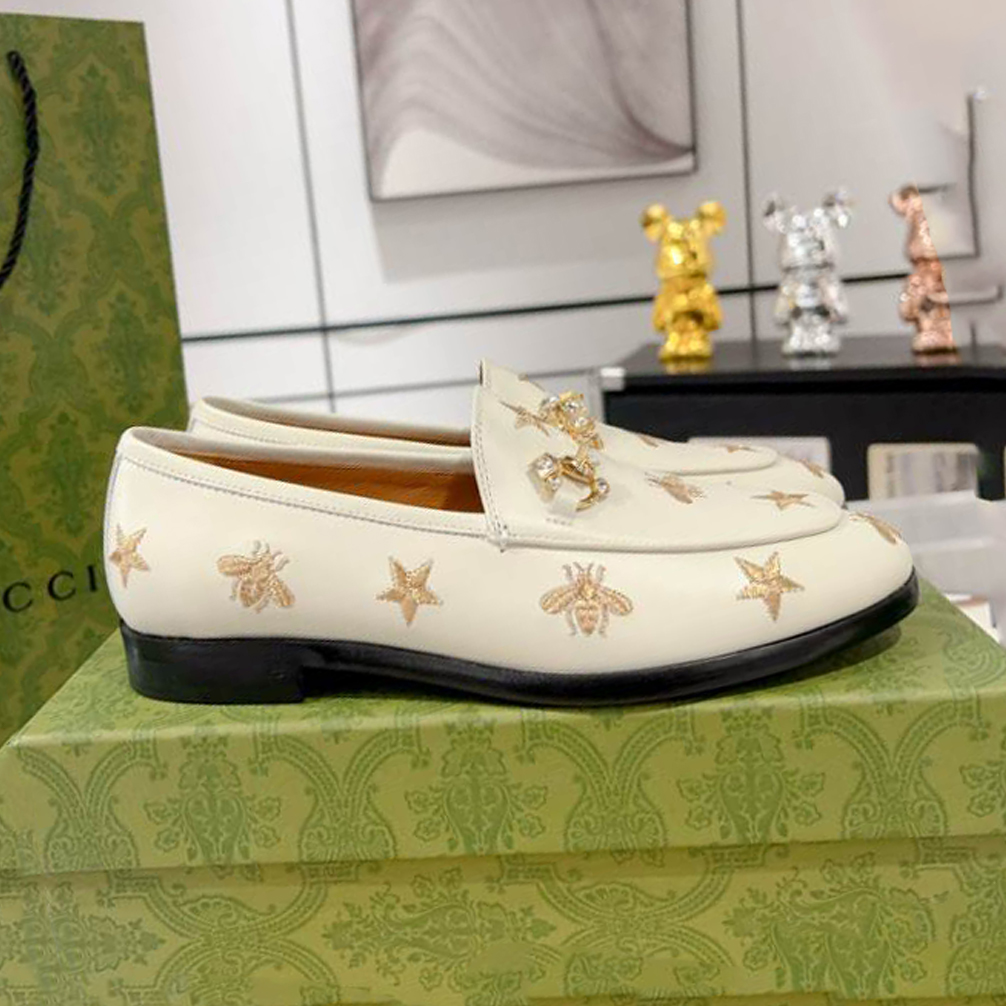 Gucci Jordaan White Bee & Star Embroidered Leather Loafer - GL076