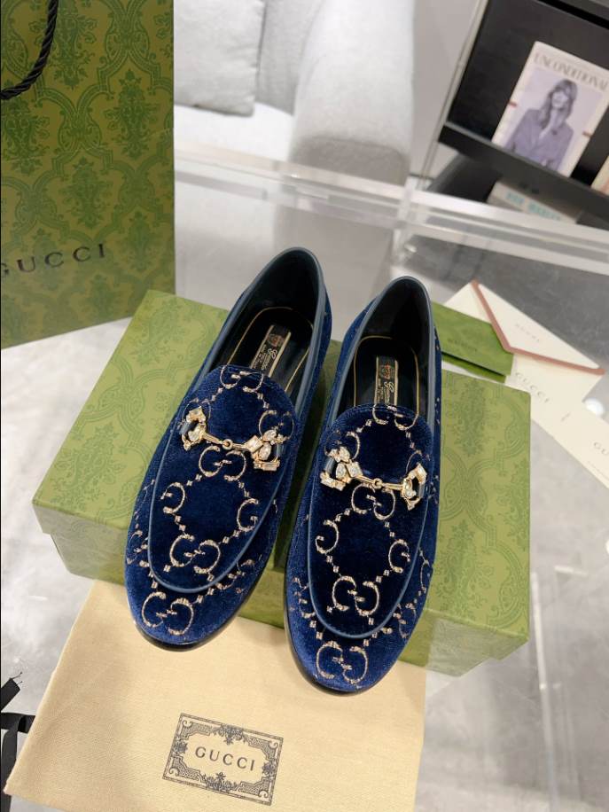 Gucci Jordaan Velvet Blue Leather Loafer - GL075