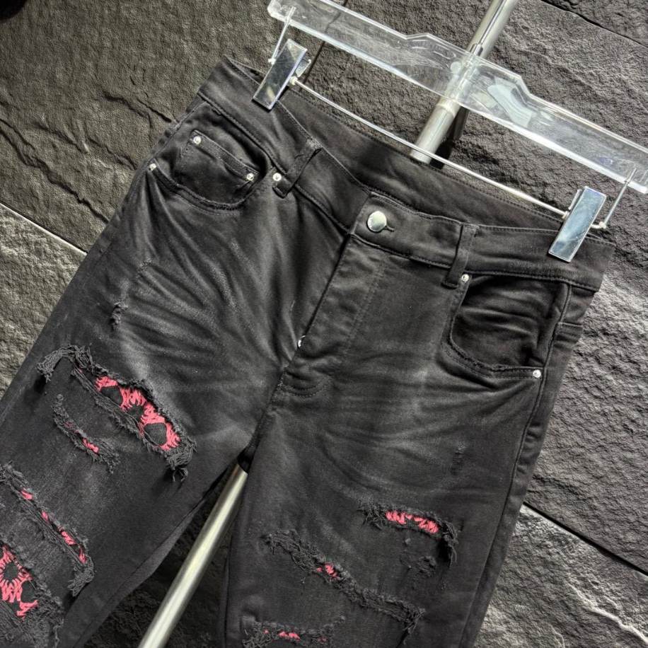 Amiri Rip Pink Black Embroider Jeans - AMIJ034