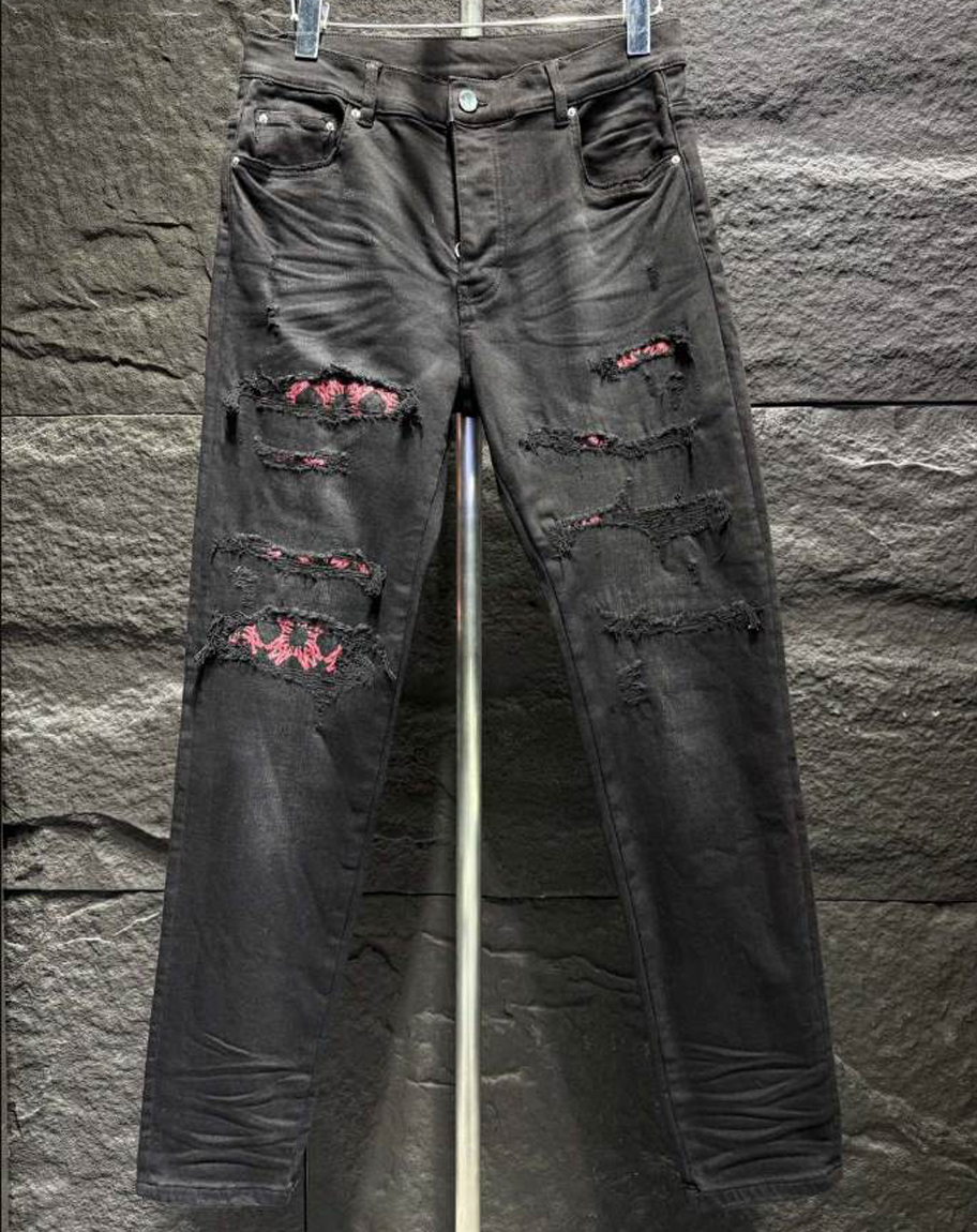 Amiri Rip Pink Black Embroider Jeans - AMIJ034