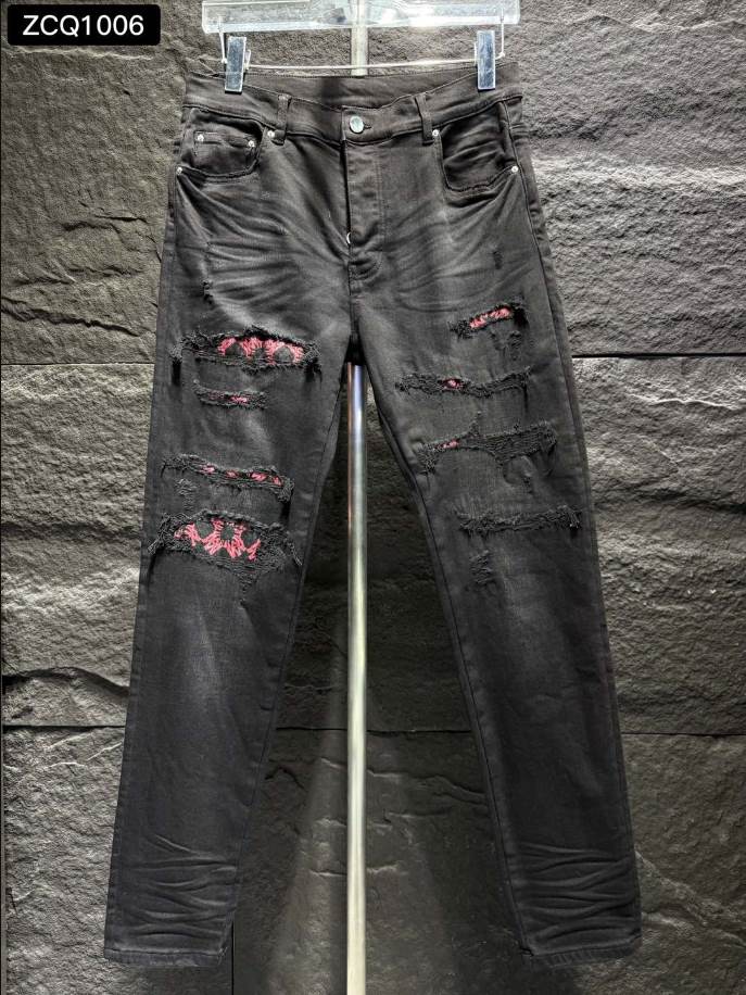 Amiri Rip Pink Black Embroider Jeans - AMIJ034