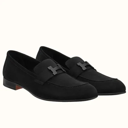 Hermes Men's Paris Loafers In Black Suede Calfskin - HM013 Hermes Men's Paris Loafers In Black Suede Calfskin