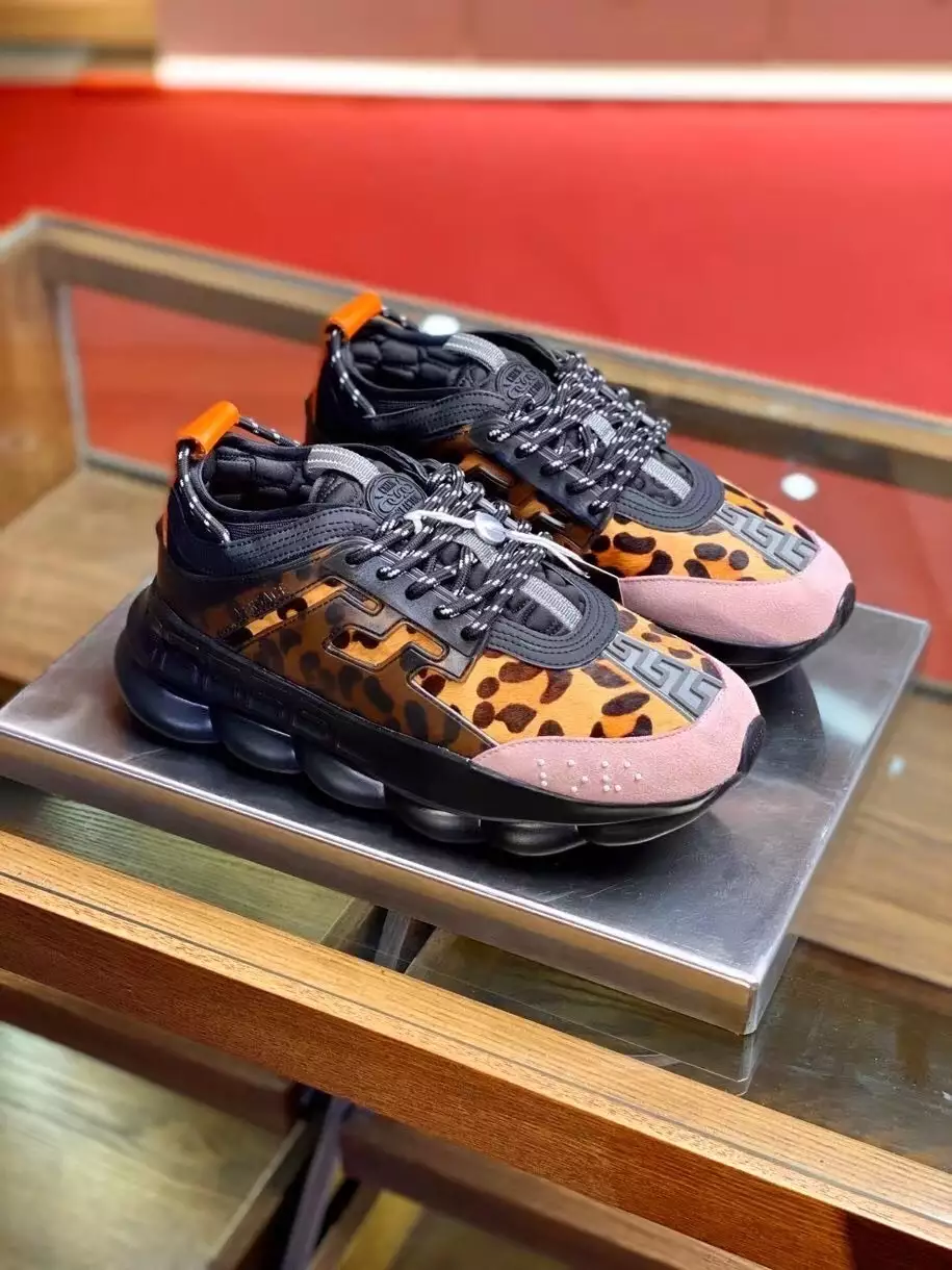 VERSACE WOMEN'S BLACK CHAIN REACTION SNEAKERS WITH LEOPARD PRINT - VSS027