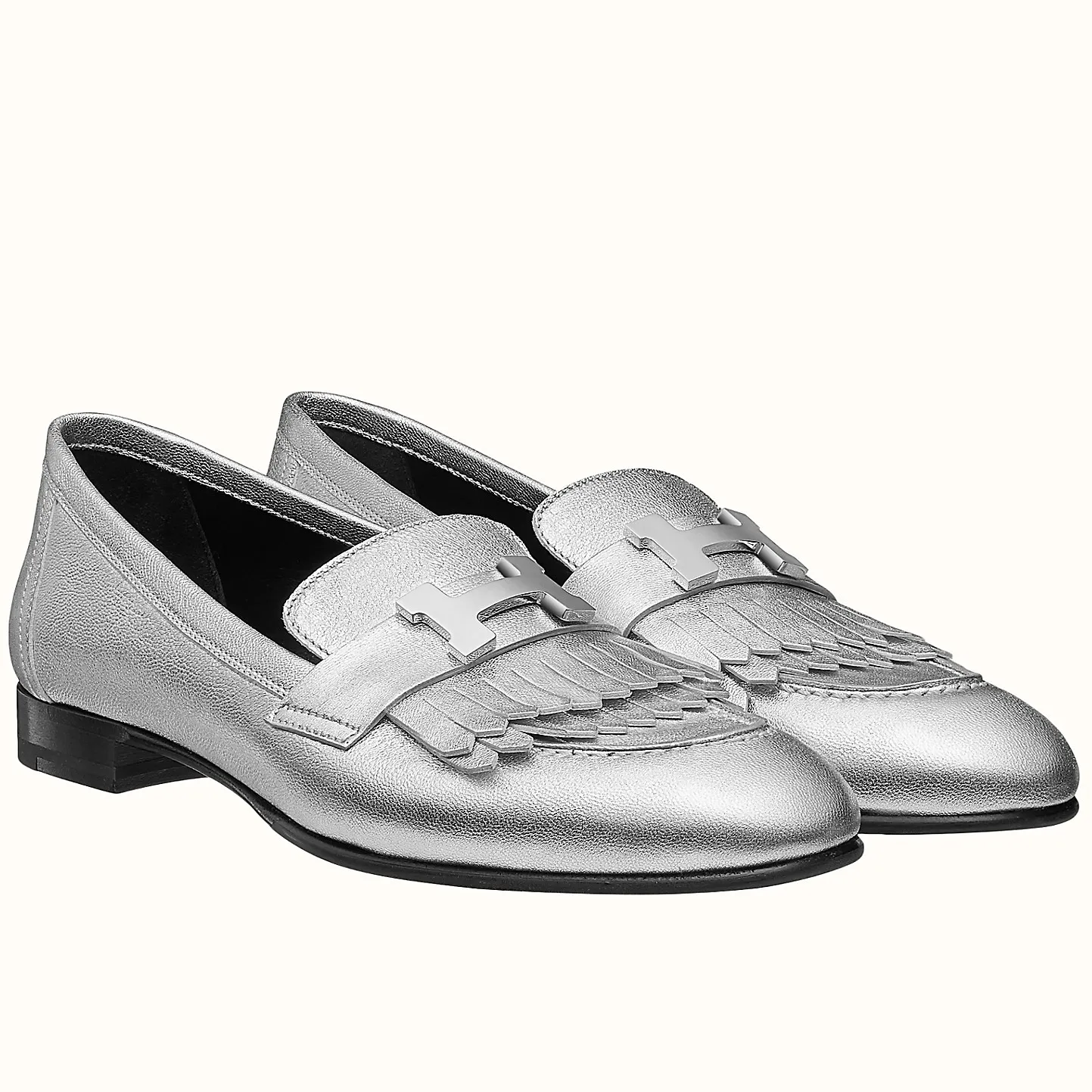 Hermes Women's Royal Loafers In Silver Metallic Lambskin - HM087 Hermes Women's Royal Loafers In Silver Metallic Lambskin