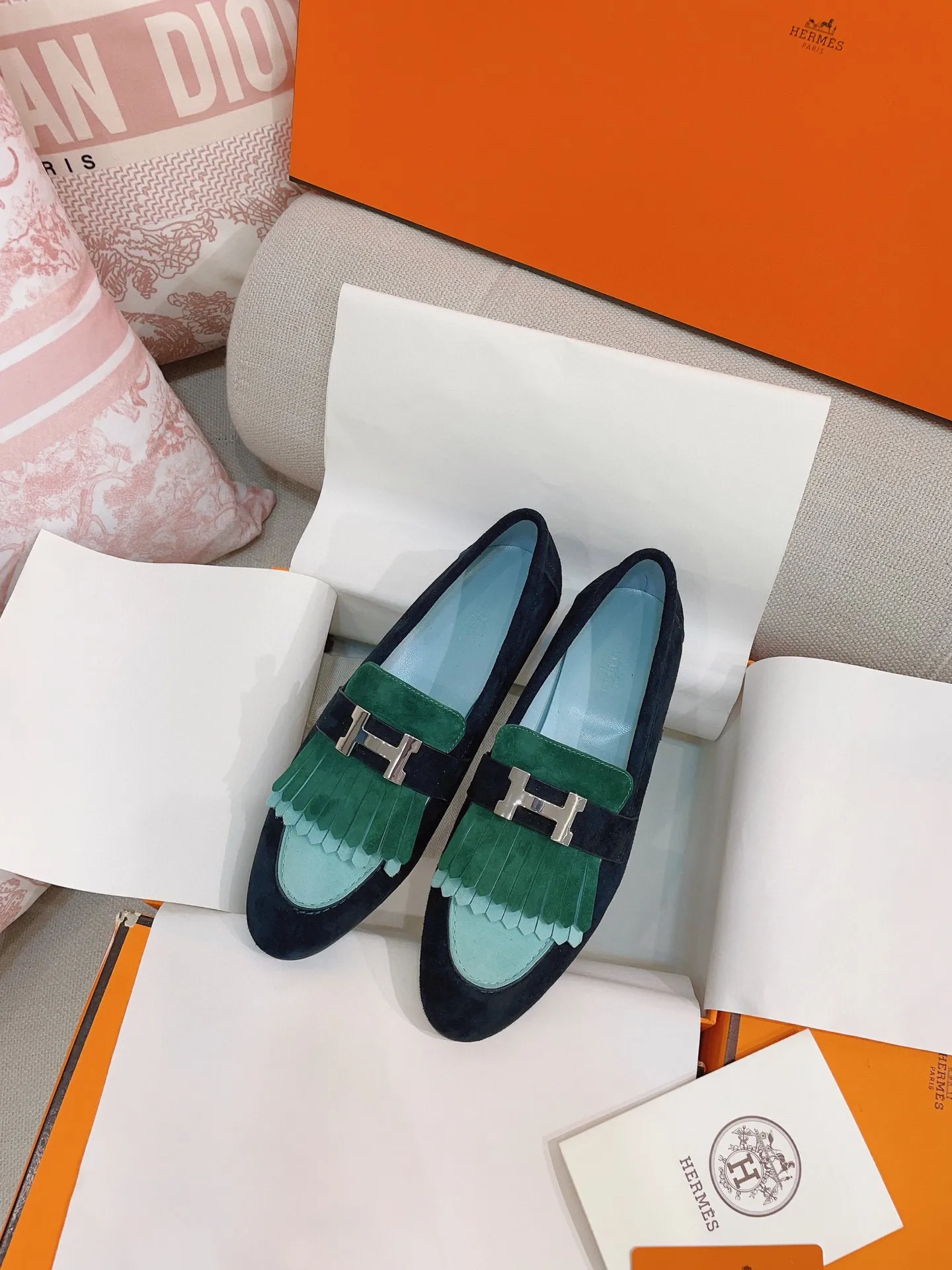 Hermes Women's Royal Loafers in Multicolor Suede Leather - HM079 Hermes Women's Royal Loafers in Multicolor Suede Leather