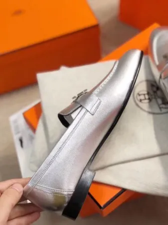 Hermes Women's Paris Loafers In Silver Metallic Goatskin - HM082 Hermes Women's Paris Loafers In Silver Metallic Goatskin