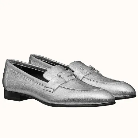 Hermes Women's Paris Loafers In Silver Metallic Goatskin - HM082 Hermes Women's Paris Loafers In Silver Metallic Goatskin