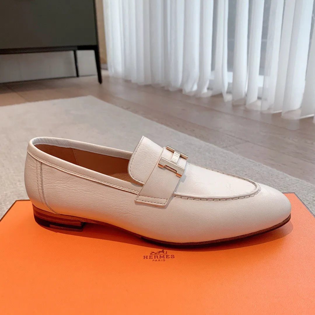 Hermes Women's Paris Loafers in White Goatskin - HM077 Hermes Women's Paris Loafers in White Goatskin