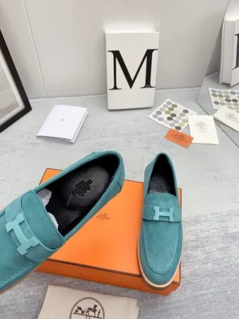 Hermes Women's Faubourg Loafers in Blue Suede Leather - HM074 Hermes Women's Faubourg Loafers in Blue Suede Leather