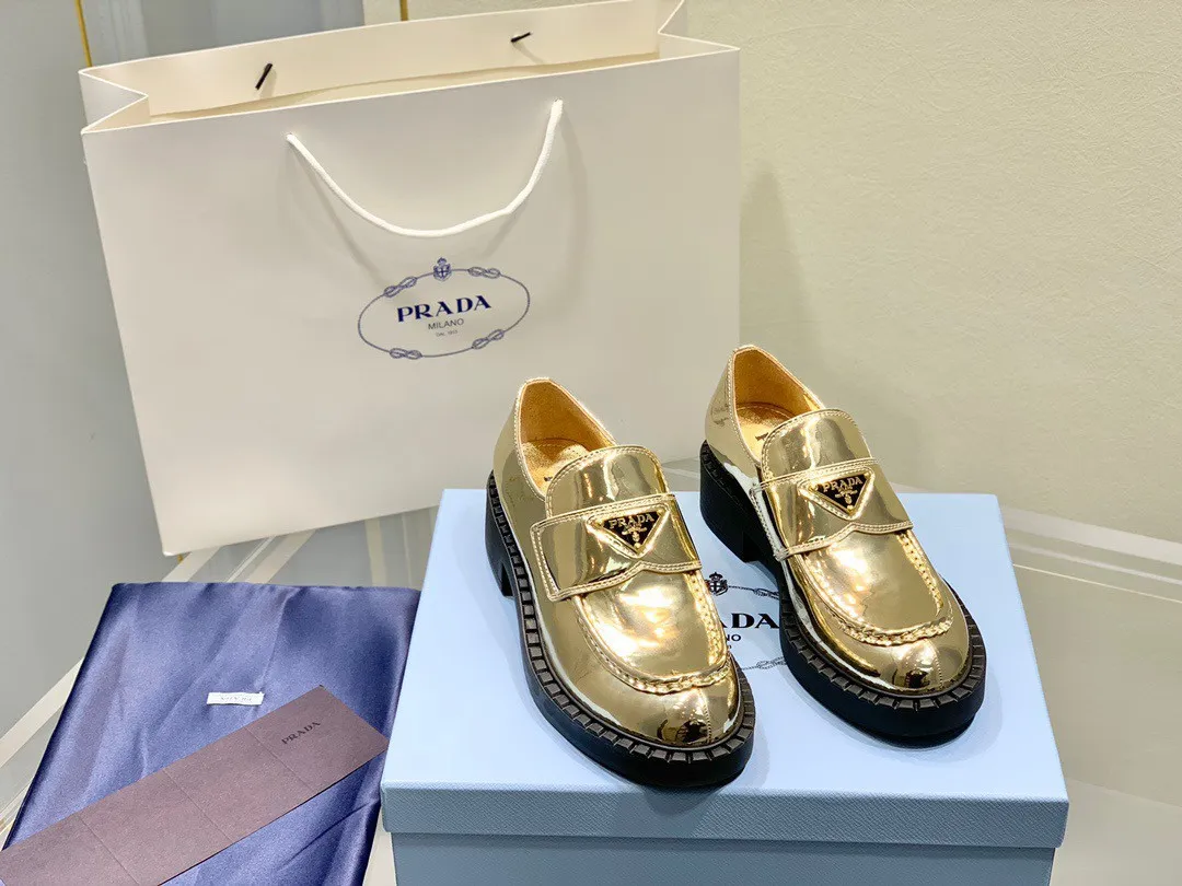 Prada Women's Loafers In Gold Metallic Leather - PRL004 Prada Women's Loafers In Gold Metallic Leather