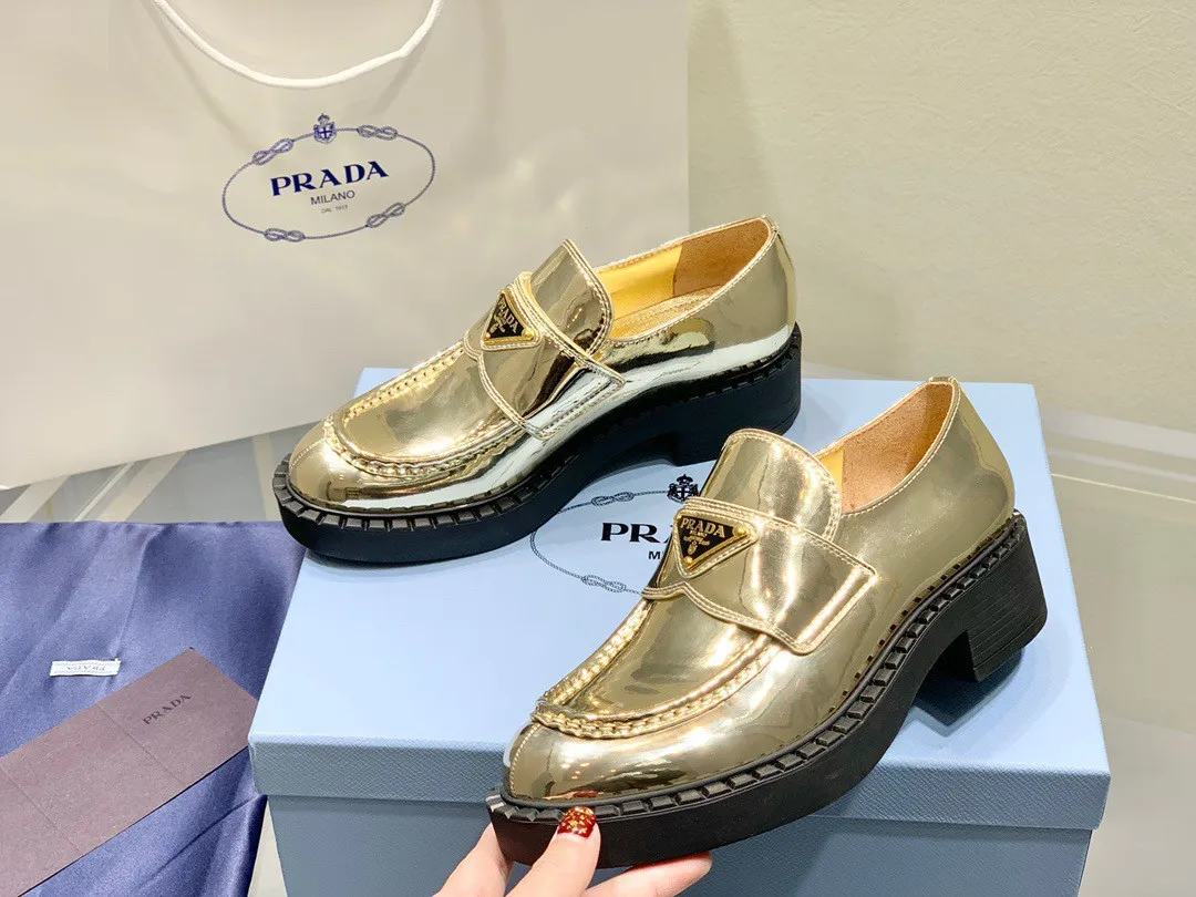 Prada Women's Loafers In Gold Metallic Leather - PRL004 Prada Women's Loafers In Gold Metallic Leather