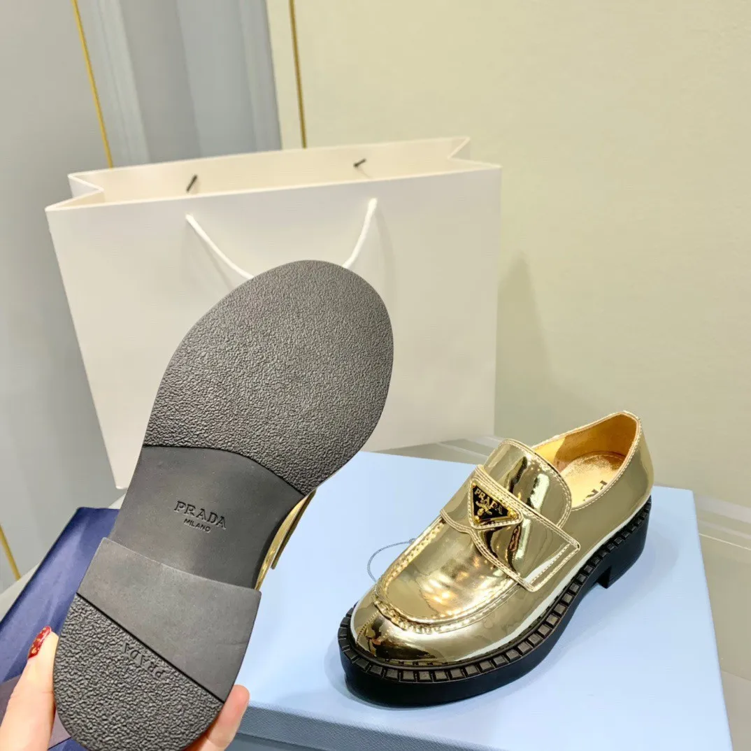 Prada Women's Loafers In Gold Metallic Leather - PRL004 Prada Women's Loafers In Gold Metallic Leather