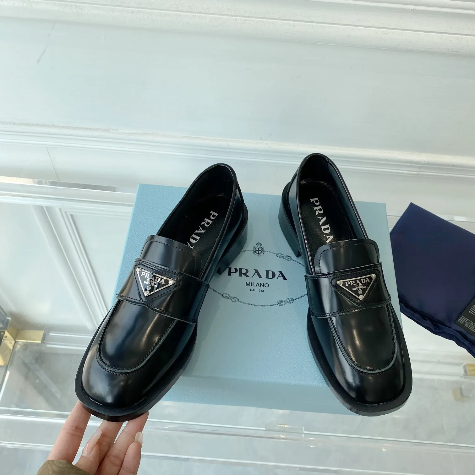 Prada Women's Loafers In Black Unlined Brushed Leather - PRL005 Prada Women's Loafers In Black Unlined Brushed Leather