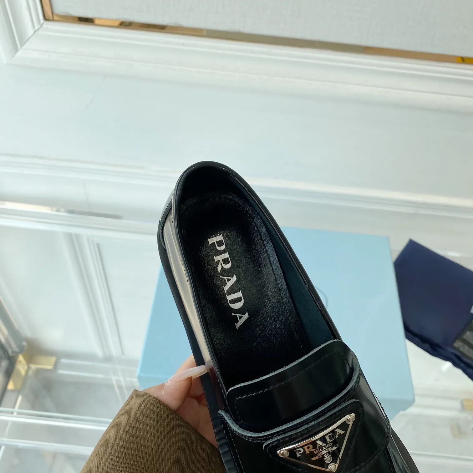 Prada Women's Loafers In Black Unlined Brushed Leather - PRL005 Prada Women's Loafers In Black Unlined Brushed Leather