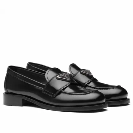 Prada Women's Loafers In Black Unlined Brushed Leather - PRL005 Prada Women's Loafers In Black Unlined Brushed Leather