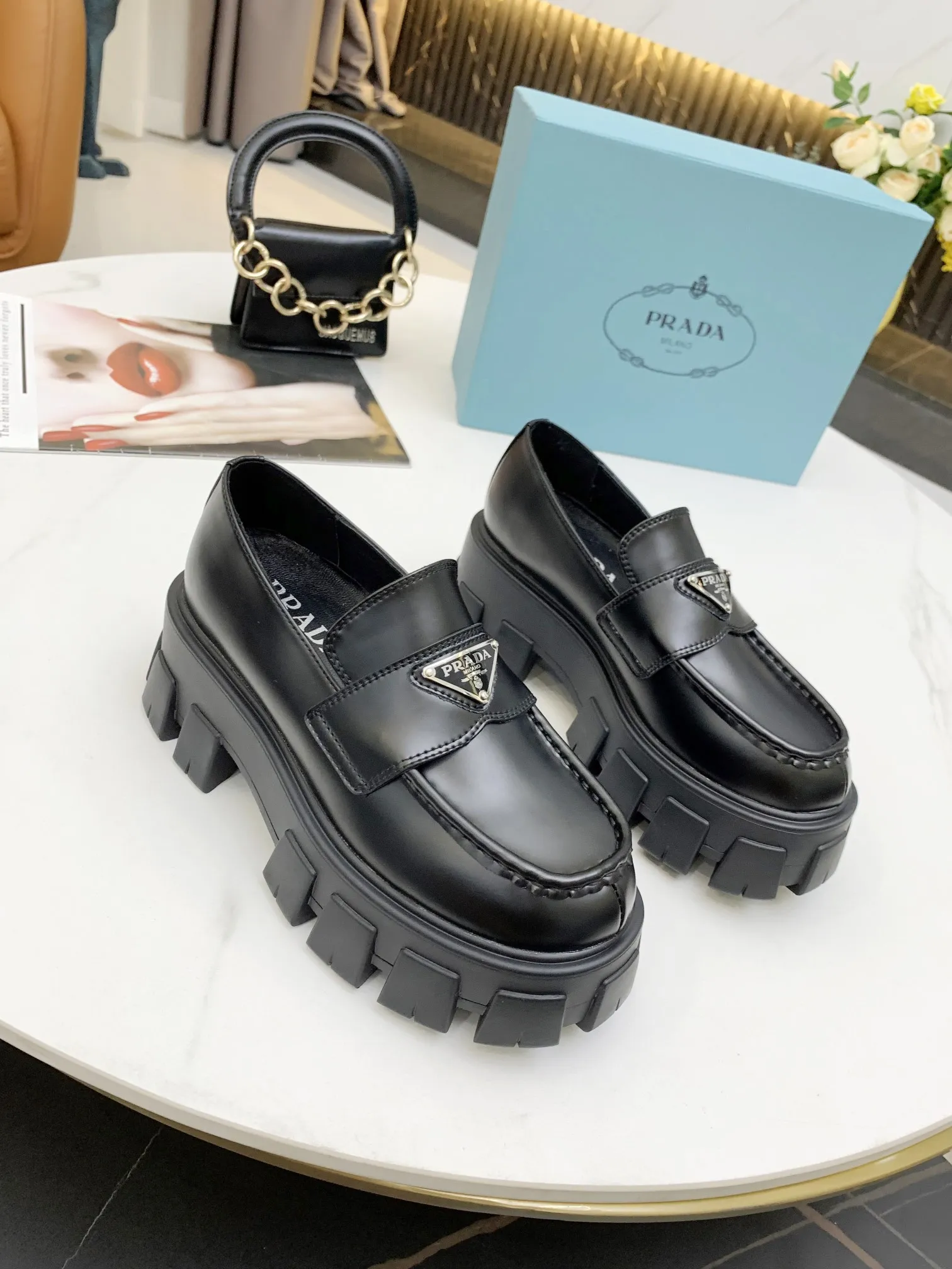 Prada Women's Monolith Loafers In Black Brushed Leather - PRL006 Prada Women's Monolith Loafers In Black Brushed Leather