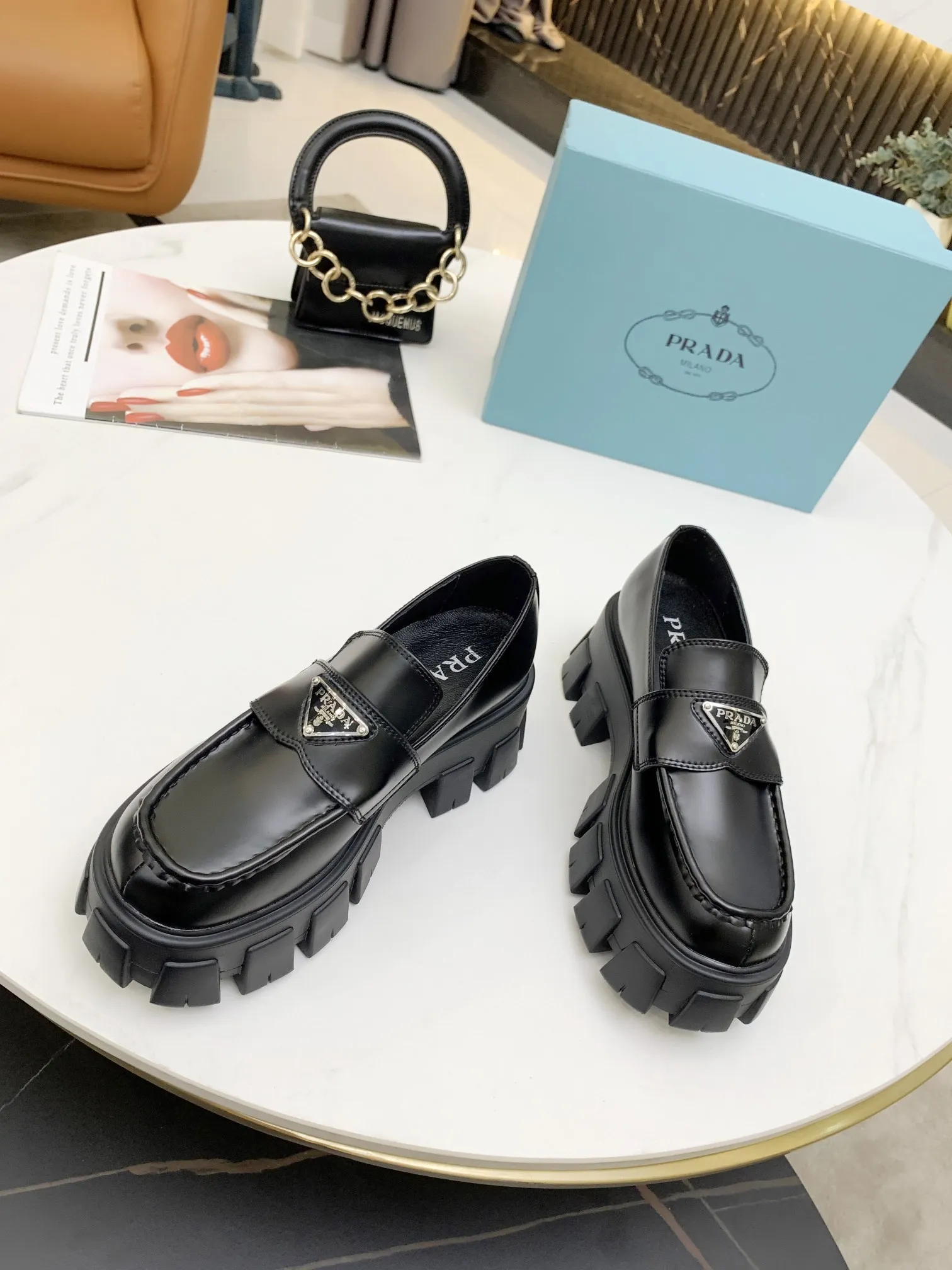 Prada Women's Monolith Loafers In Black Brushed Leather - PRL006 Prada Women's Monolith Loafers In Black Brushed Leather