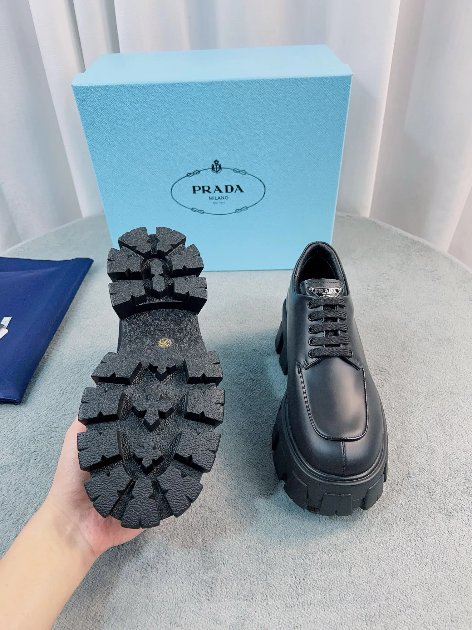 Prada Monolith Lace-up Shoes in Black Brushed Leather - PRL007 Prada Monolith Lace-up Shoes in Black Brushed Leather