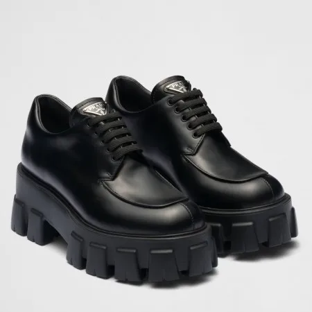 Prada Monolith Lace-up Shoes in Black Brushed Leather - PRL007 Prada Monolith Lace-up Shoes in Black Brushed Leather
