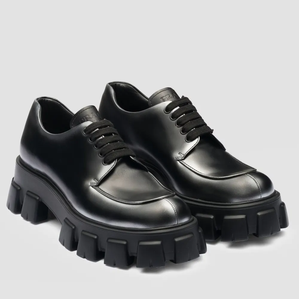 Prada Monolith Lace-up Loafers in Black Brushed Leather - PRL009 Prada Monolith Lace-up Loafers in Black Brushed Leather