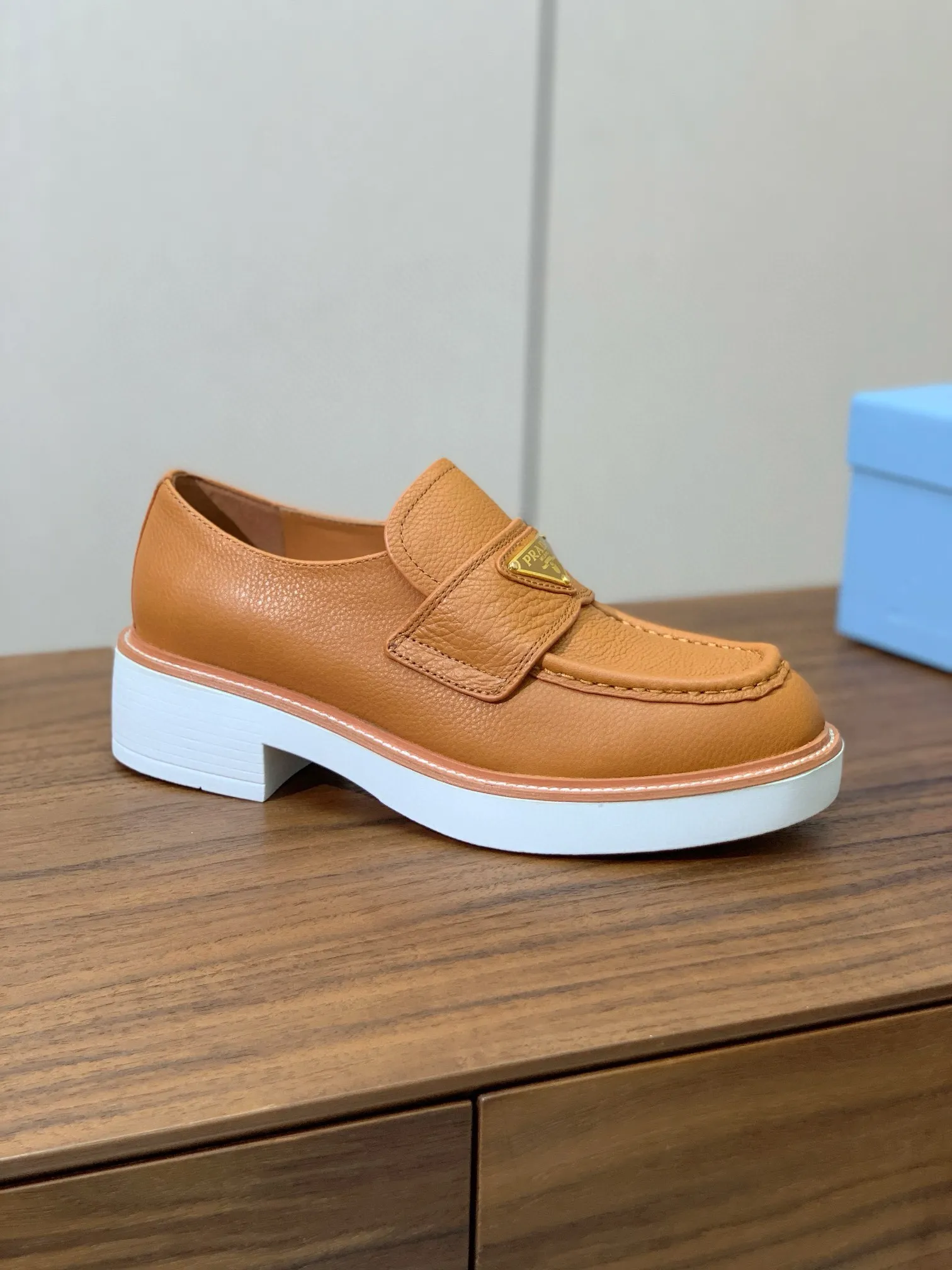 Prada Women's Loafers in Brown Grained Leather - PRL011 Prada Women's Loafers in Brown Grained Leather